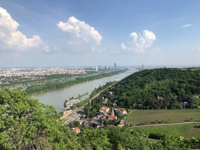 Blick auf den Norden Wiens mit der Donau und der Neuen Donau. Man erkennt auch den Floridotomer, den DC Tower in der Donaucity und den Milleniumstower