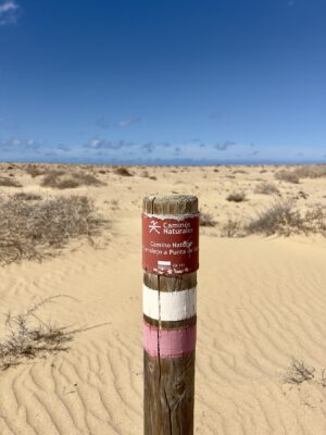 Ein Markierungspfahl für den Wanderweg GR 131 mitten im Sand. Ein rotes Schild darauf ist beschriftet mit "Camino Natural de Corralejo a Punta da Jandia" und "GR 131!. Darunter ist eine weiß-rote Markierung.