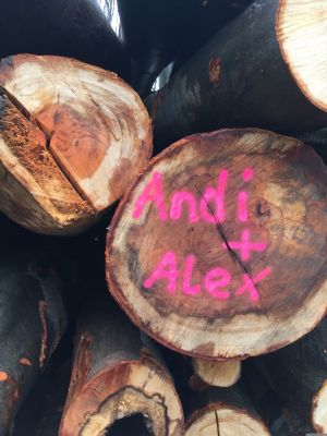 Schnittholz beschriftet mit "Andi + Alex"