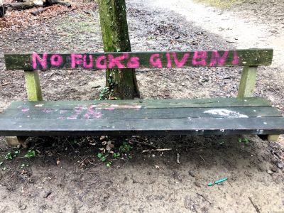 Nachricht "No Fucks Given" auf einer Parkbank